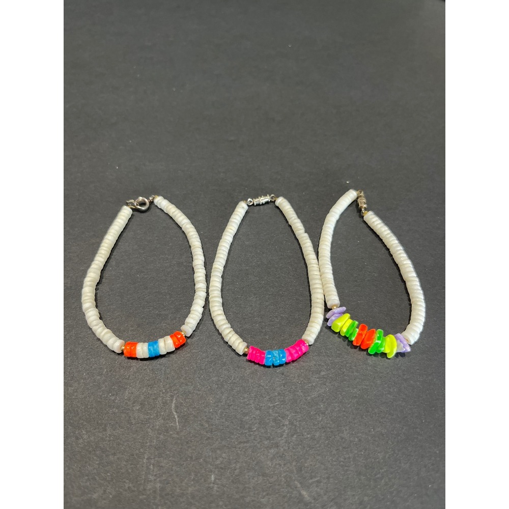 Set of 3 Colorful Puka Shell Beaded Bracelets Neon White Beach Boho Summer Stack